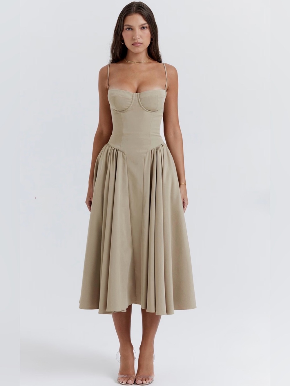 House of CB “Samaria” Dress — Taupe Corset Sundress (Size L+ A/C cup).